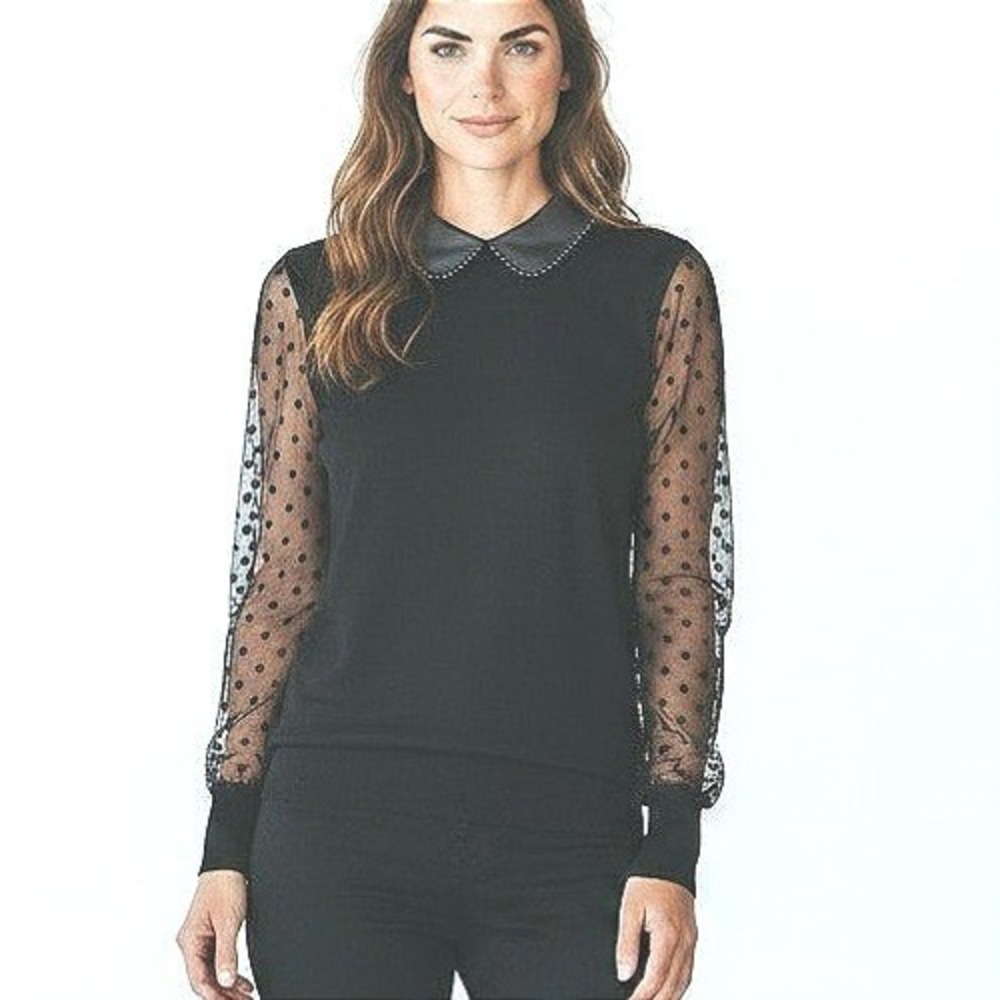 Esqualo Black Beaded Peter Pan Collar Mesh Swiss Dot Sleeve Knit Top Size XL